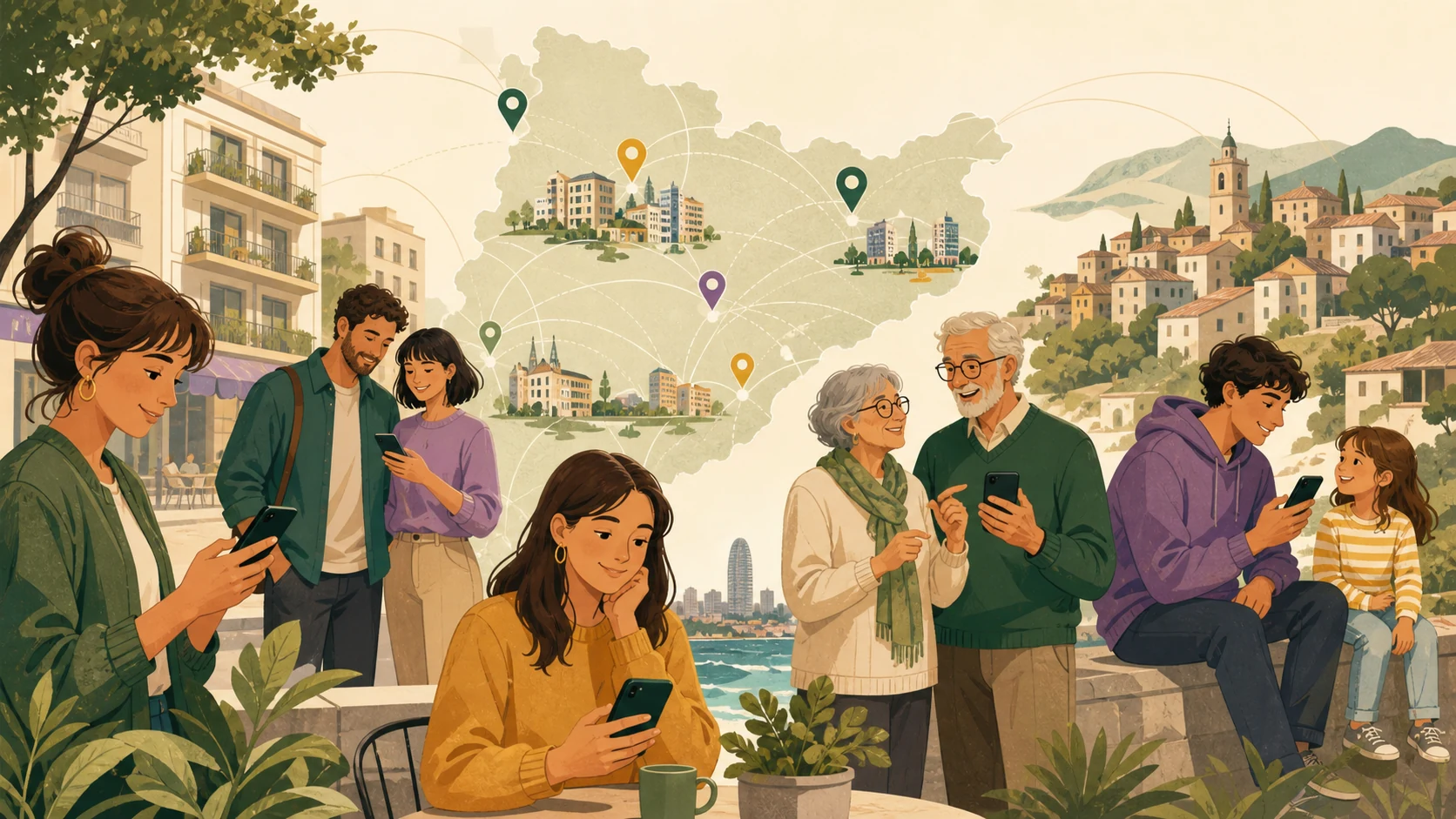 Persones de diferents indrets consultant oportunitats d'habitatge connectades pel radar de Catalunya
